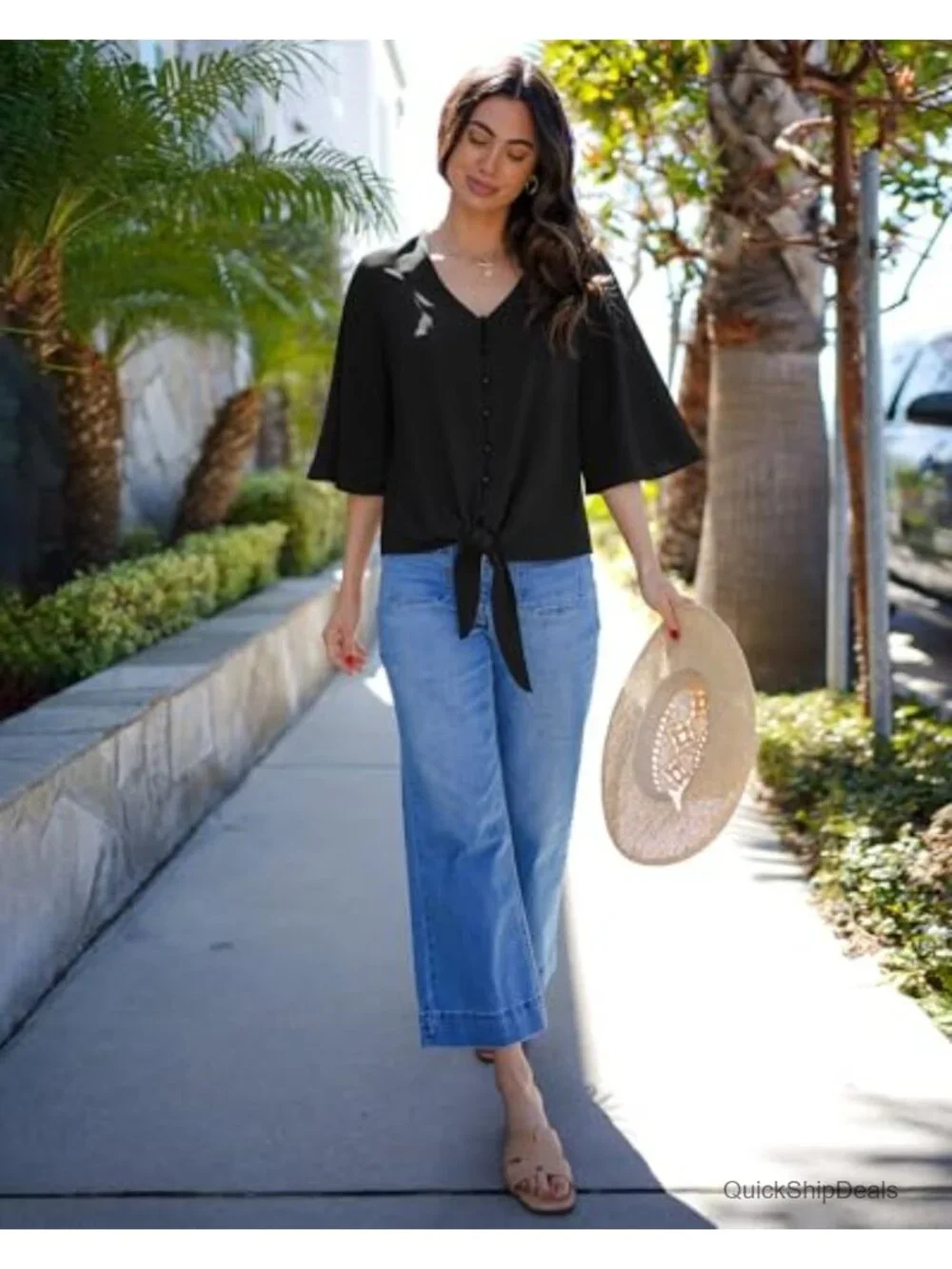 V Neck 3/4 Sleeve Tie Knot Blouse Button Down Shirt